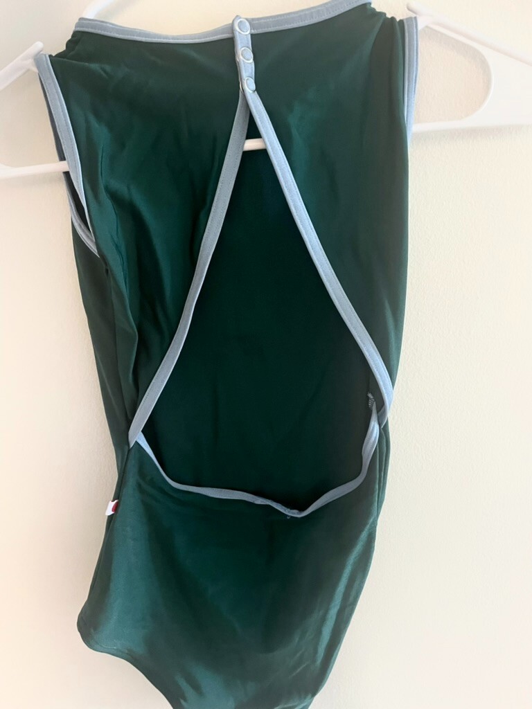 Yumiko Larissa Leotard – XS – Dark Green / Light Blue Trim