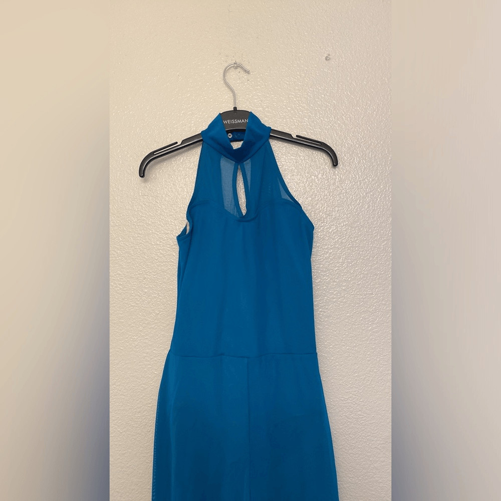 WEISSMAN Balera Dance Costume unitard teal Mock Neck Mesh Jumpsuit SM11532 SA