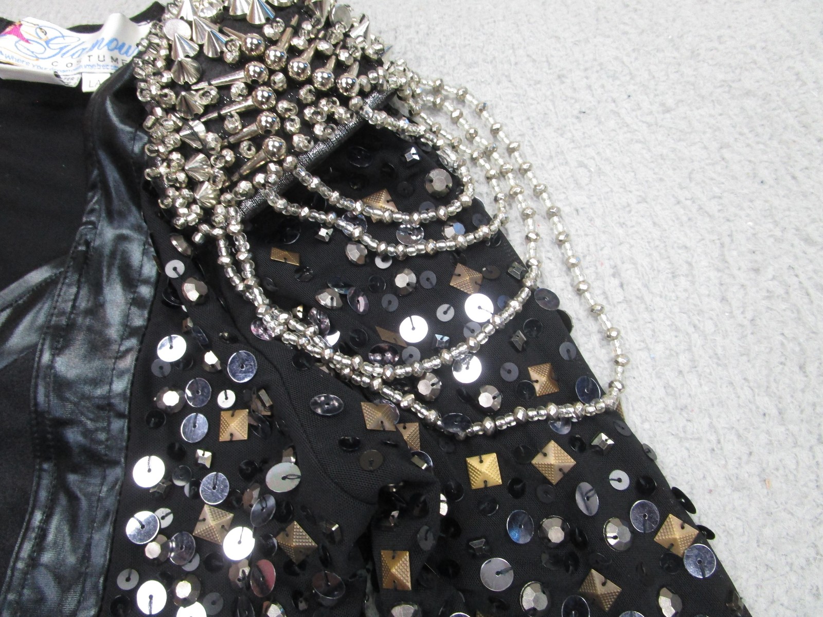 Glamour Costumes Bodysuit Womens L Black Sequin Spiked Studded Shoulder Dance
