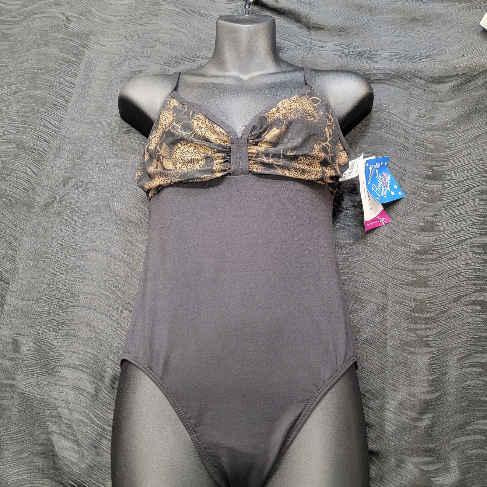 Motionwear Black & Gold Leotard V-front & Back Design Gold Lace Overlay SZ. LA