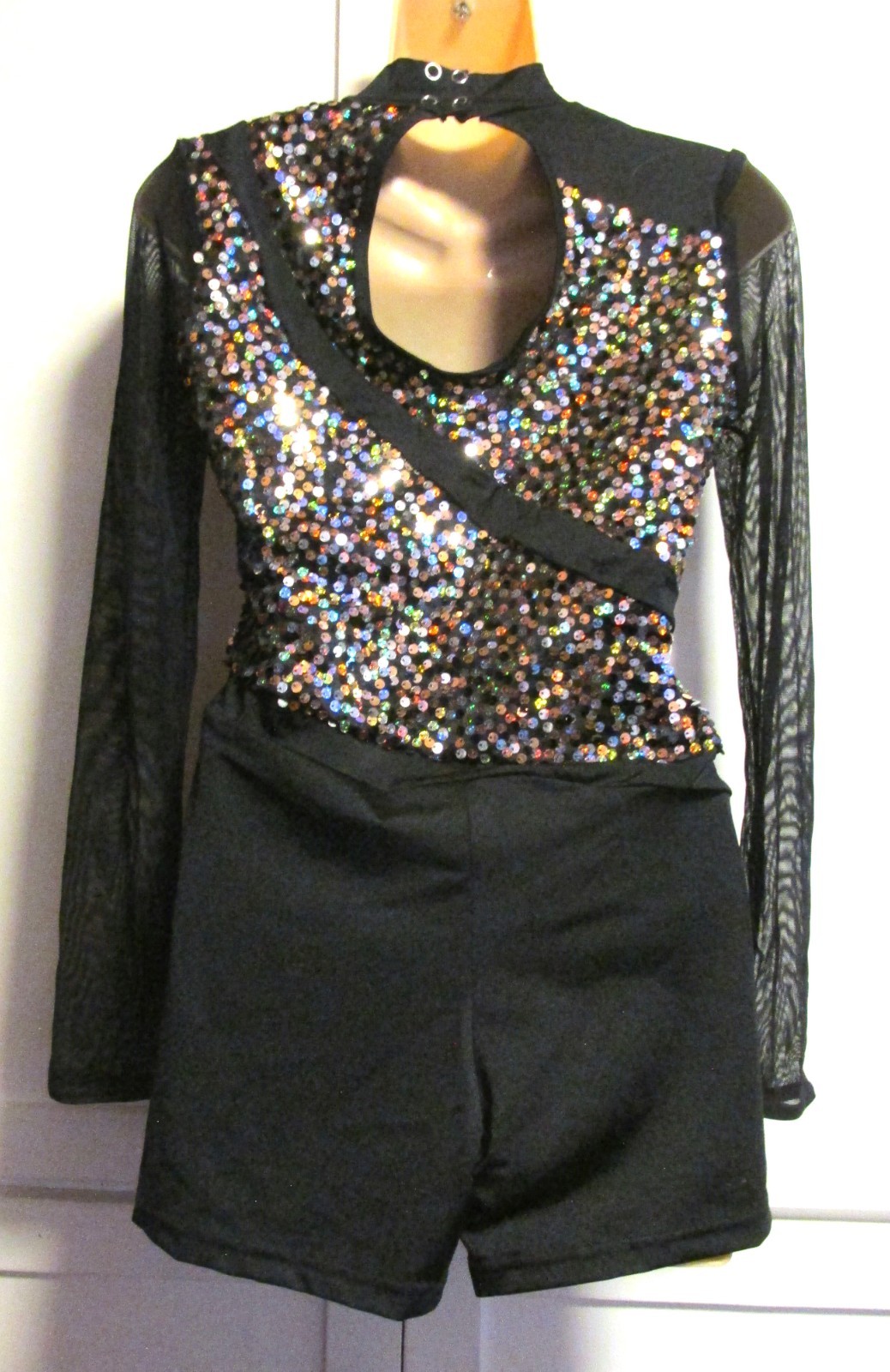 Weissman Black Long Sleeve Multicolor Sequin Leotard w/Legs / Romper- Women’s LA