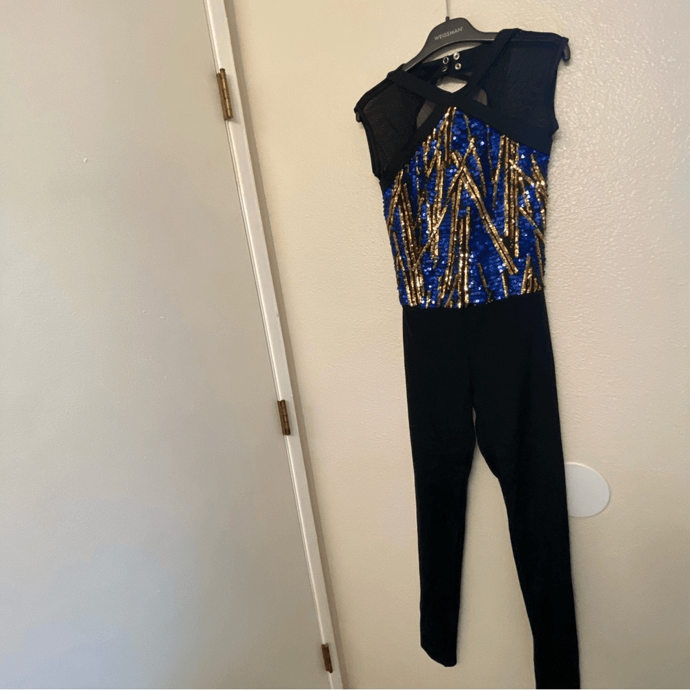 WEISSMAN Dance Costume unitard jumpsuit blue sequin Here 12534 SA Small adult