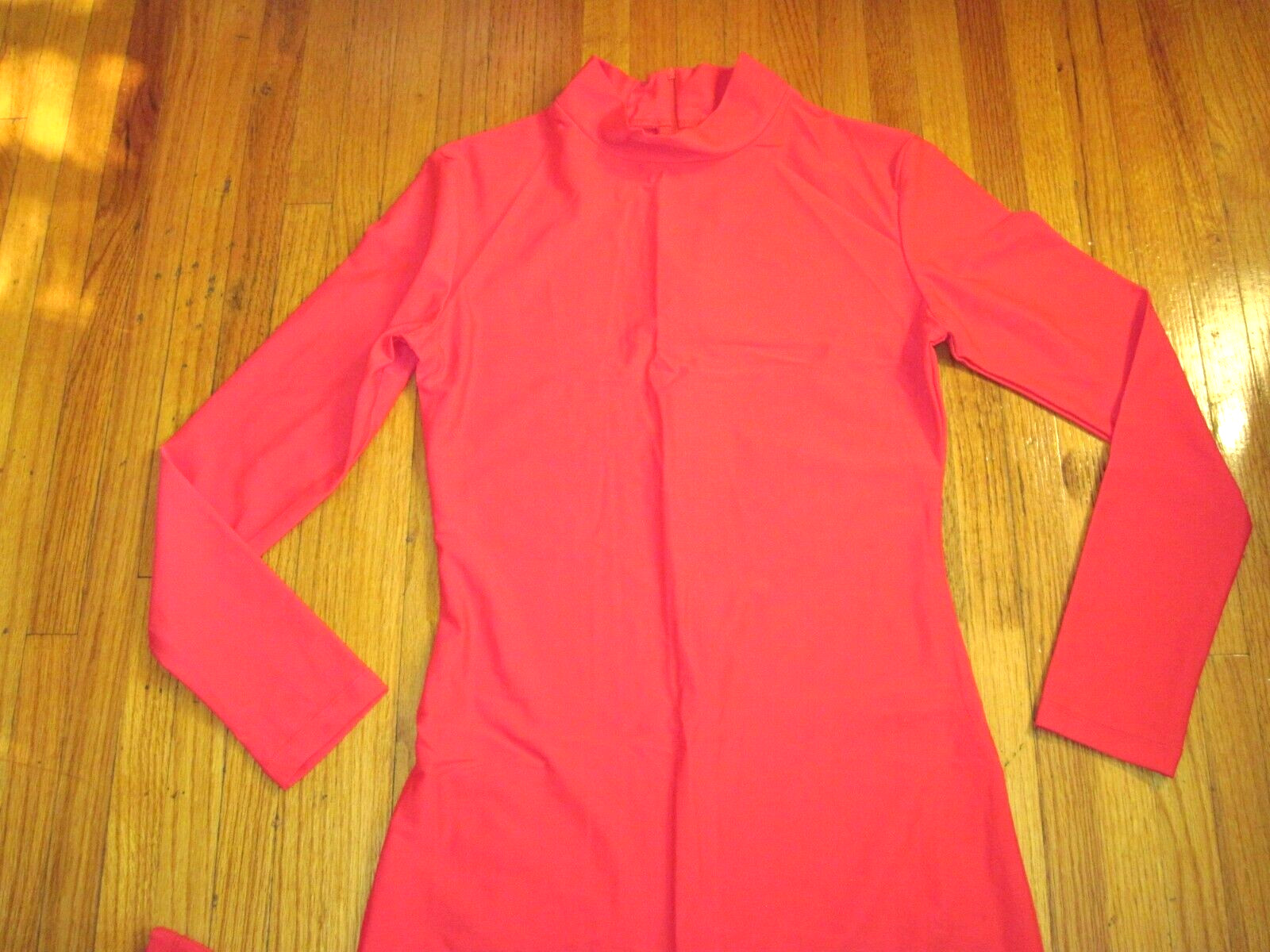 Plus Size Shiny Red Long Sleeve T-Neck Foot Less Unitard Size XL-14-16 New
