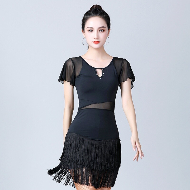 Women Dancewear Latin Dance Dress Mesh Ruffle Tassels Short Sleeve Hollow Out