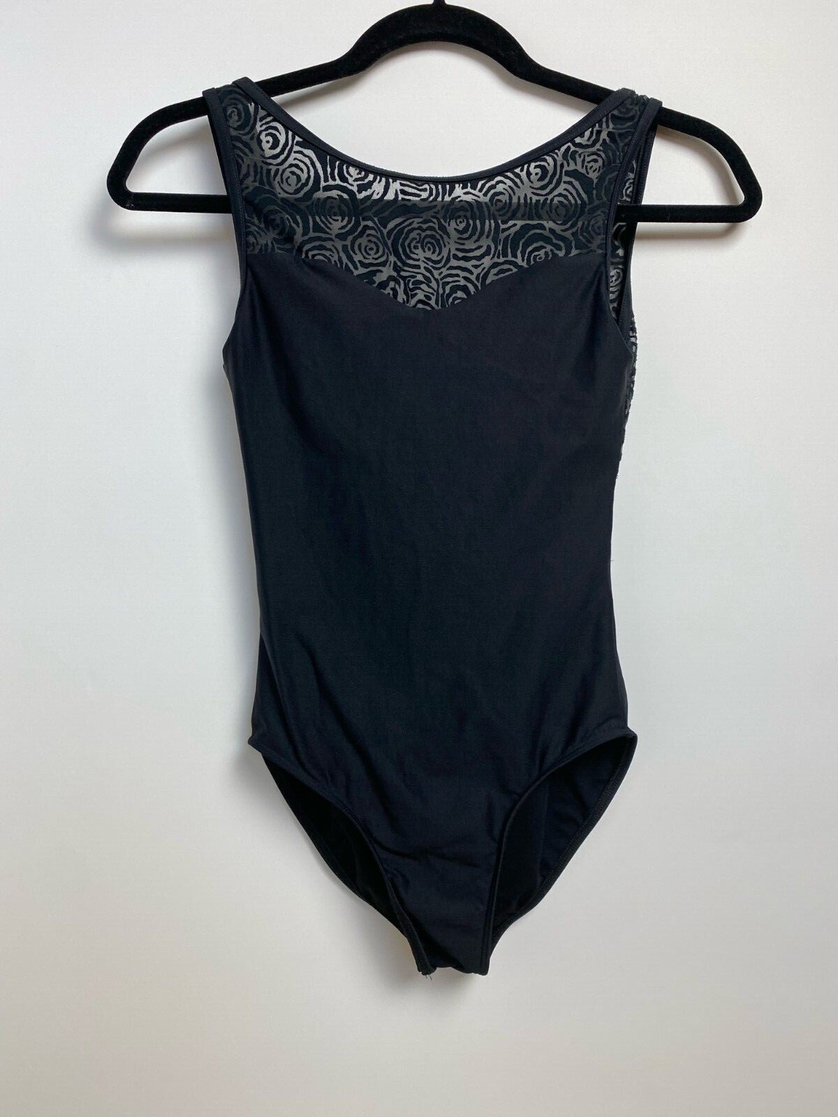 Wear Moi Ballet Leotard, size Adult Small. Black with rose design mesh. 