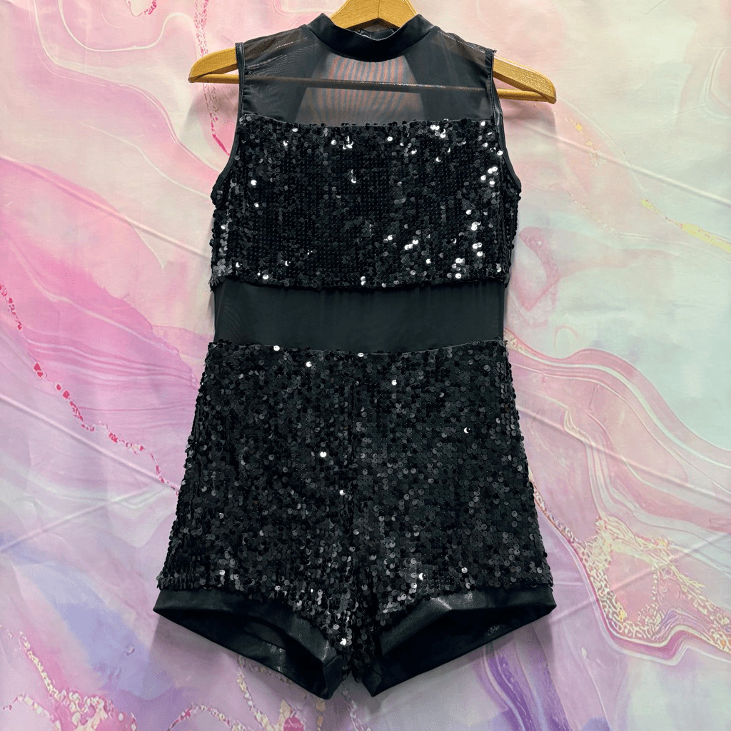 Black Mesh Sequin Sleeveless Romper Dance Costume Colorguard Majorette Twirler