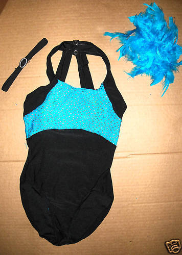 GLITTERED SLINKY LEOTARD feather hdpc RHINESTONE Choker Turquoise blue black