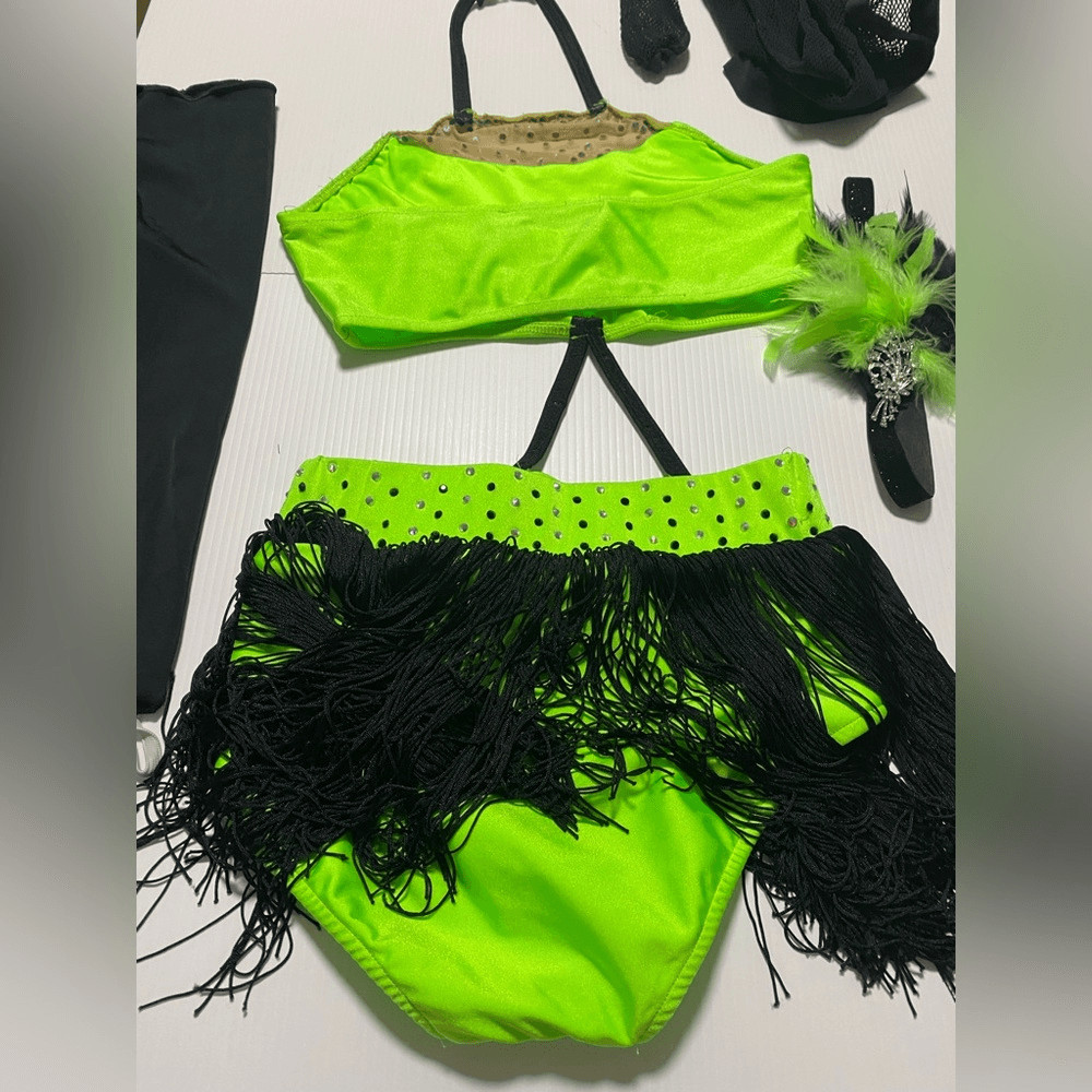 Glamour solo dance costume leotard neon green embellished rhinestoned SA adult