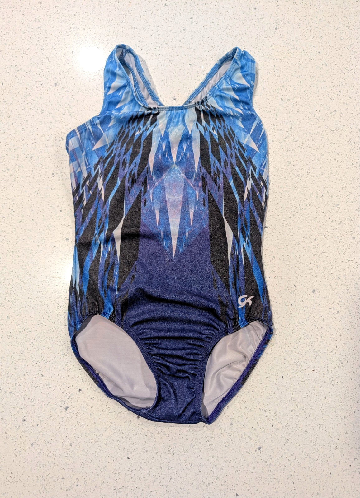 GK Elite AS Small Gymnastics Dance Leotard Blue Mystique GEOMETRIC Cool Crystals