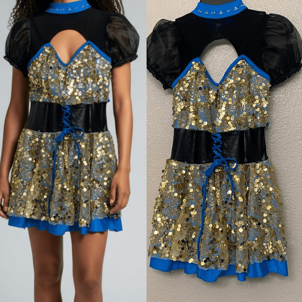 Glamour solo dance costume blue faux lace up sequin dress XLC child SA NWT