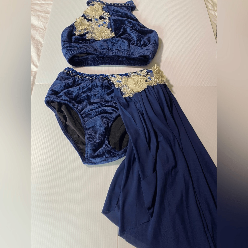 Glamour solo dance costume blue velvet embellishe leotard dress 2 piece MA adult