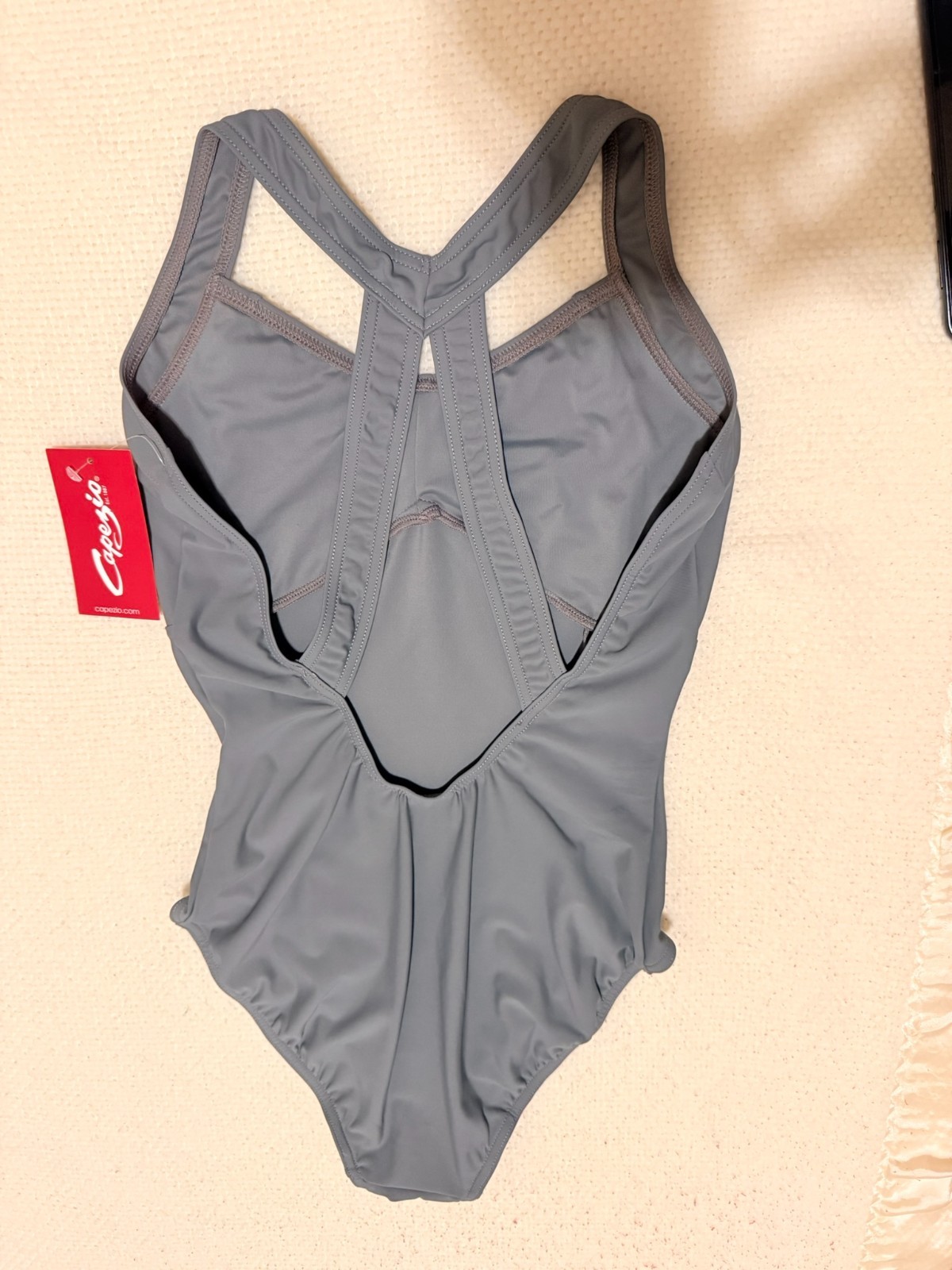 Capezio Ladies Wide X-Strap Leotard, Pleated bust, Swimsuit Grey, Medium A14