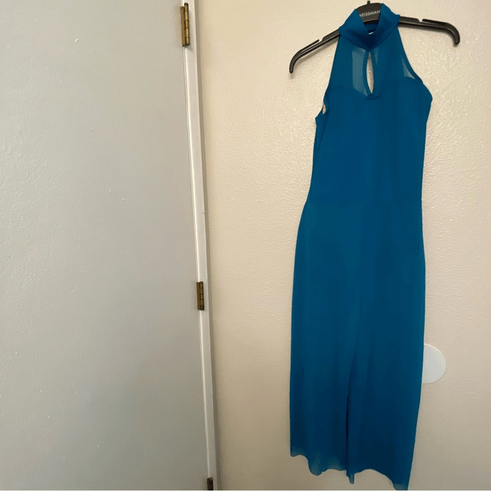 WEISSMAN Balera Dance Costume unitard teal Mock Neck Mesh Jumpsuit SM11532 SA