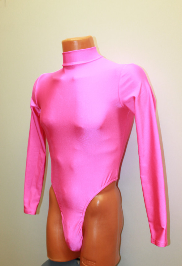 Men Thong Leotard 159-03 Long Sleeve High Collar Hot Pink Spandex Size M