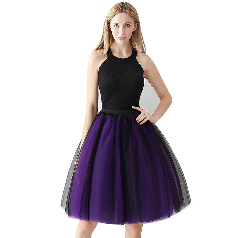 Women Dance Skirt Tutu Pleated Mesh Tulle Midi Knee Length 7 Layers Party