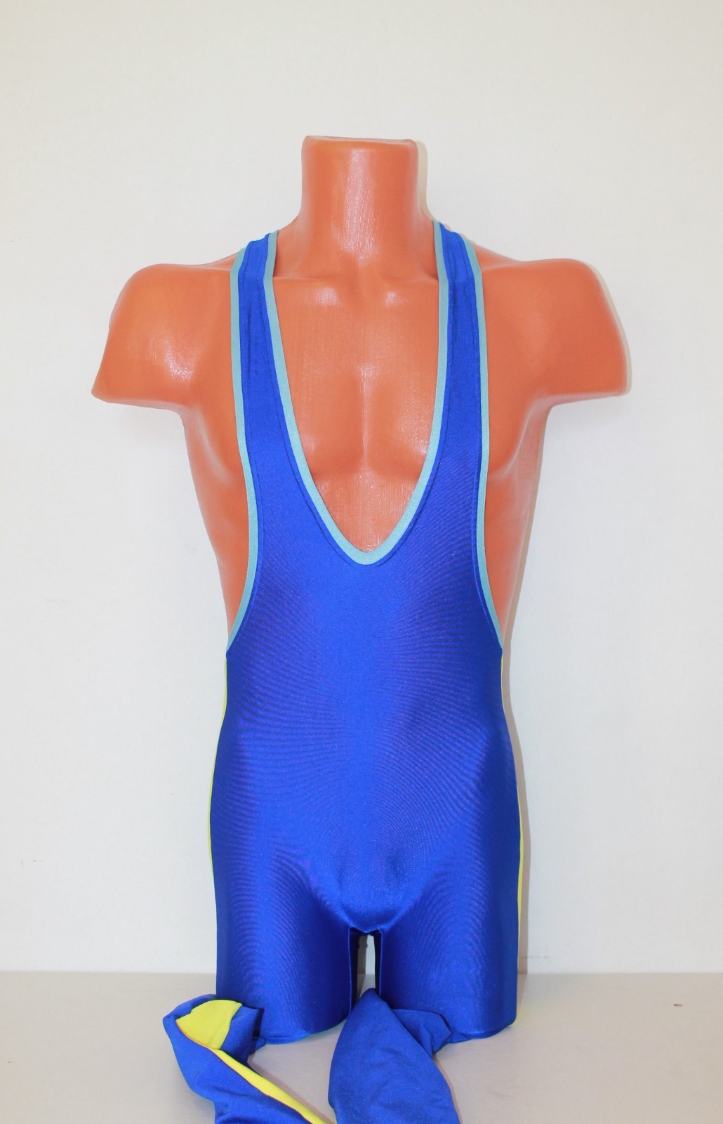 Men Long Unitard 302-18 Yellow Side Insert Blue Spandex Light Blue Edging Size L