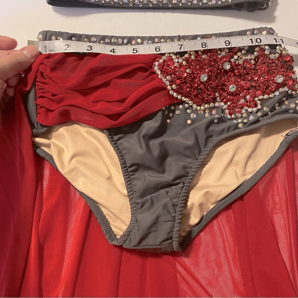 Glamour solo 2 piece dance costume red gray lyrical embellished bling XLC child