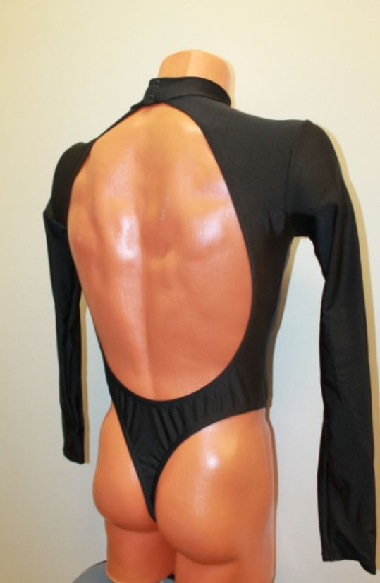 Men Thong Leotard 159-05 Long Sleeve High Collar Open Back Black Spandex Size S