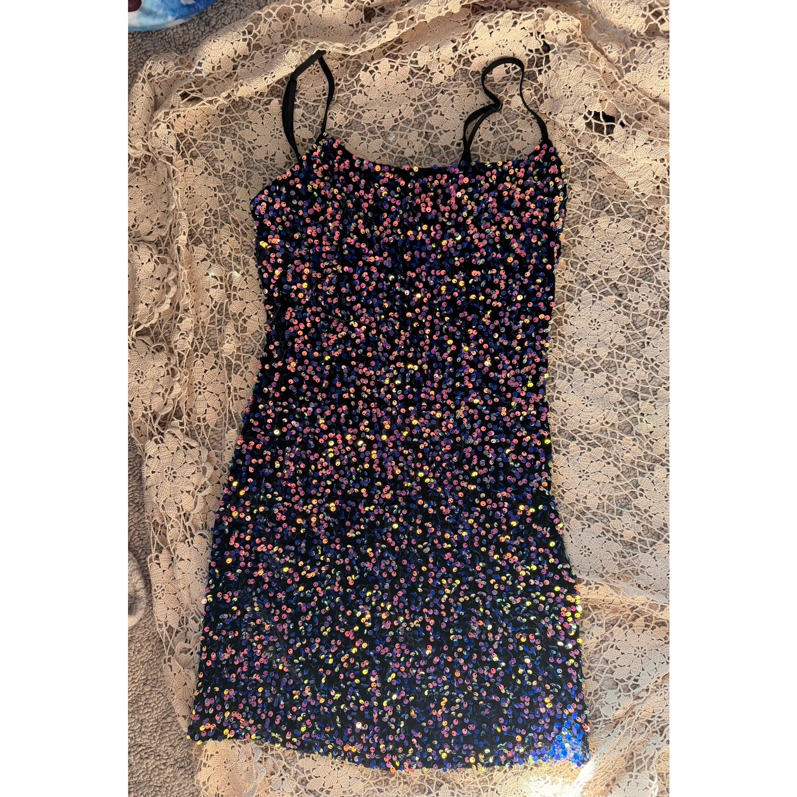 multi color sequined mini dress bodycon stretch S.M