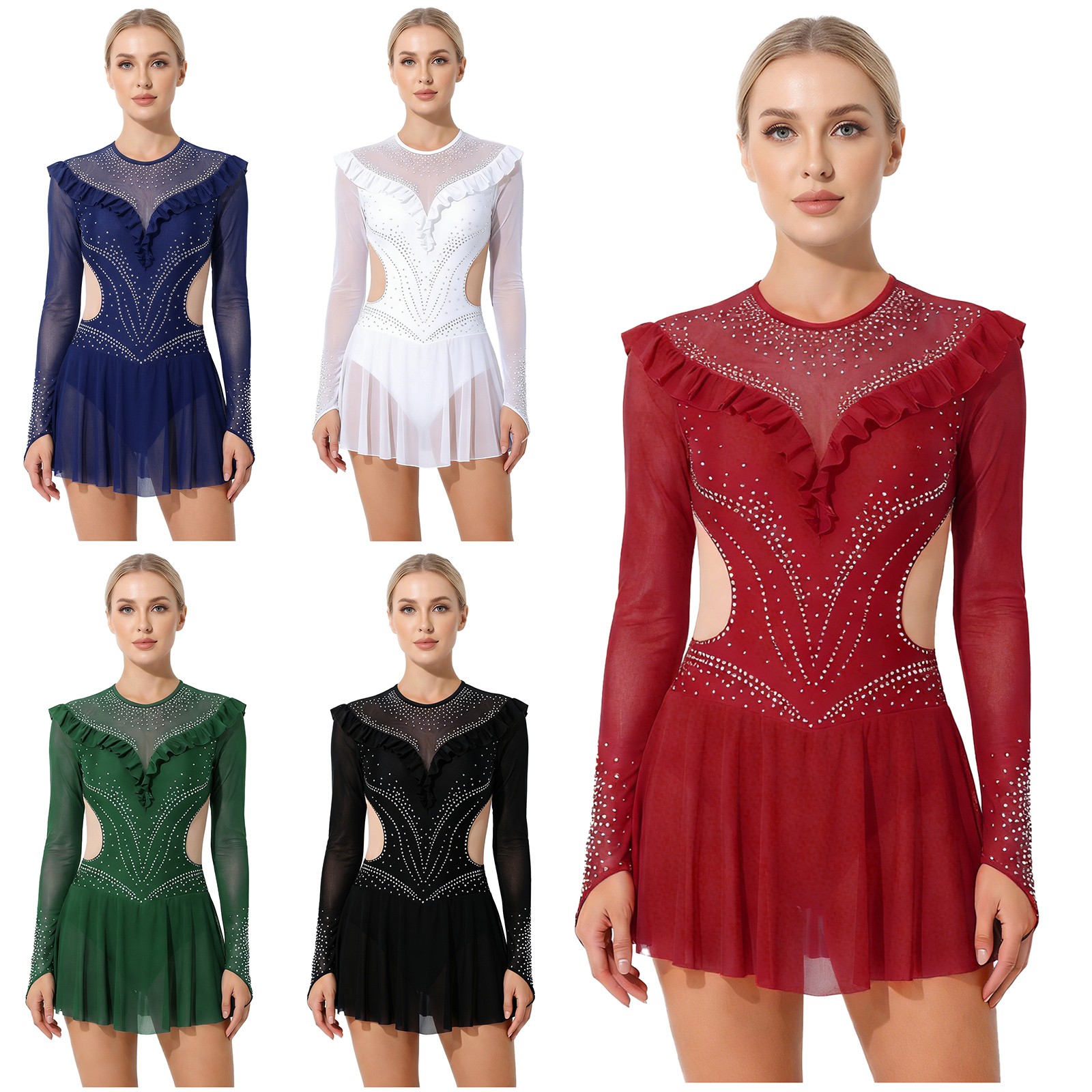 Women’s Shiny Rhinestone Figure Ice Skating Dress Ballet Dance Skirted Leotard