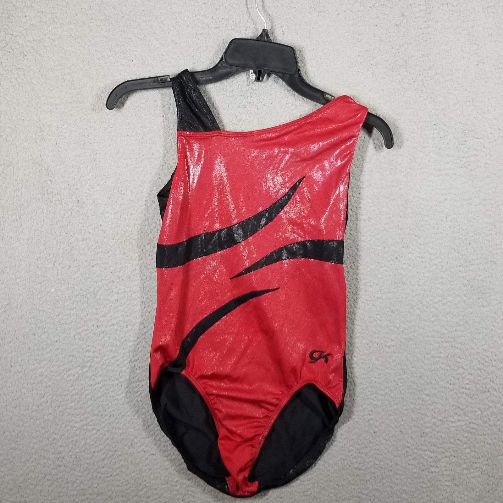 GK Elite Leotard Womens Small Red Black Shiny Asymmetric One Shoulder Gymnastics