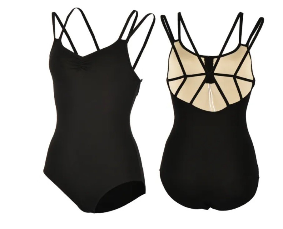 new Women’s Double Strap LEOTARD sz L black classic dance gym camisole outfit