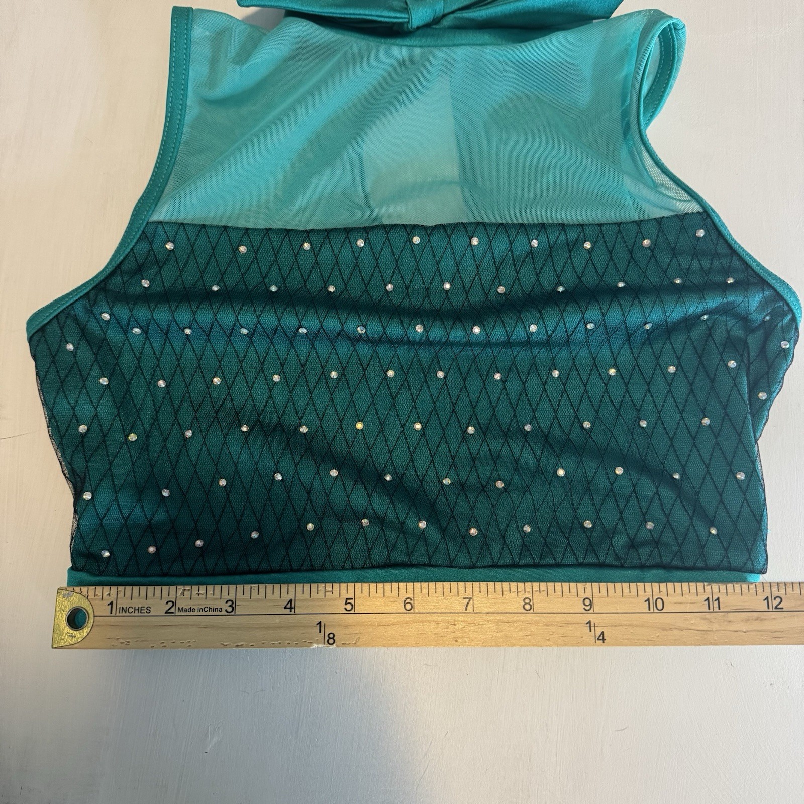 Weissman Elite Dance Costume SA Rhinestones & Ostrich Feathers Teal Bow 2pc Set