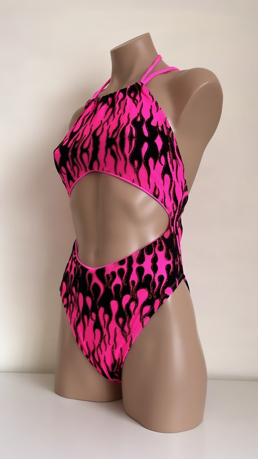 Schminke 🔥 Flames fire Monokini pole dance wear mesh UV neon luminous bodysuit