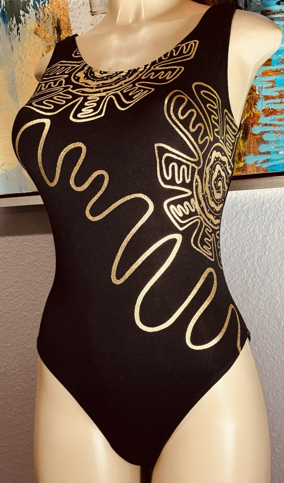 Vtg Gold Black Cotton Spandex Bodysuit Leotard S