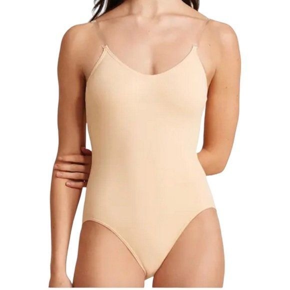 CAPEZIO Camisole Leotard w/Adj Clear Strap Women Small -Natural/Sun Tan- Dance.
