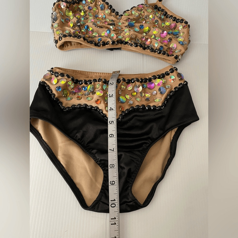Glamour gold black solo 2 piece embellished Dance Costume Leotard XLC child