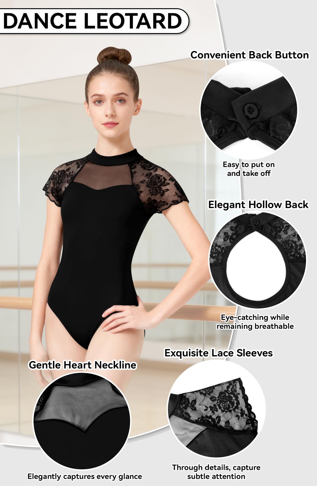 Women Turtleneck Lace Cap Sleeve Dance Leotard Ballet Hollow Back Full Front