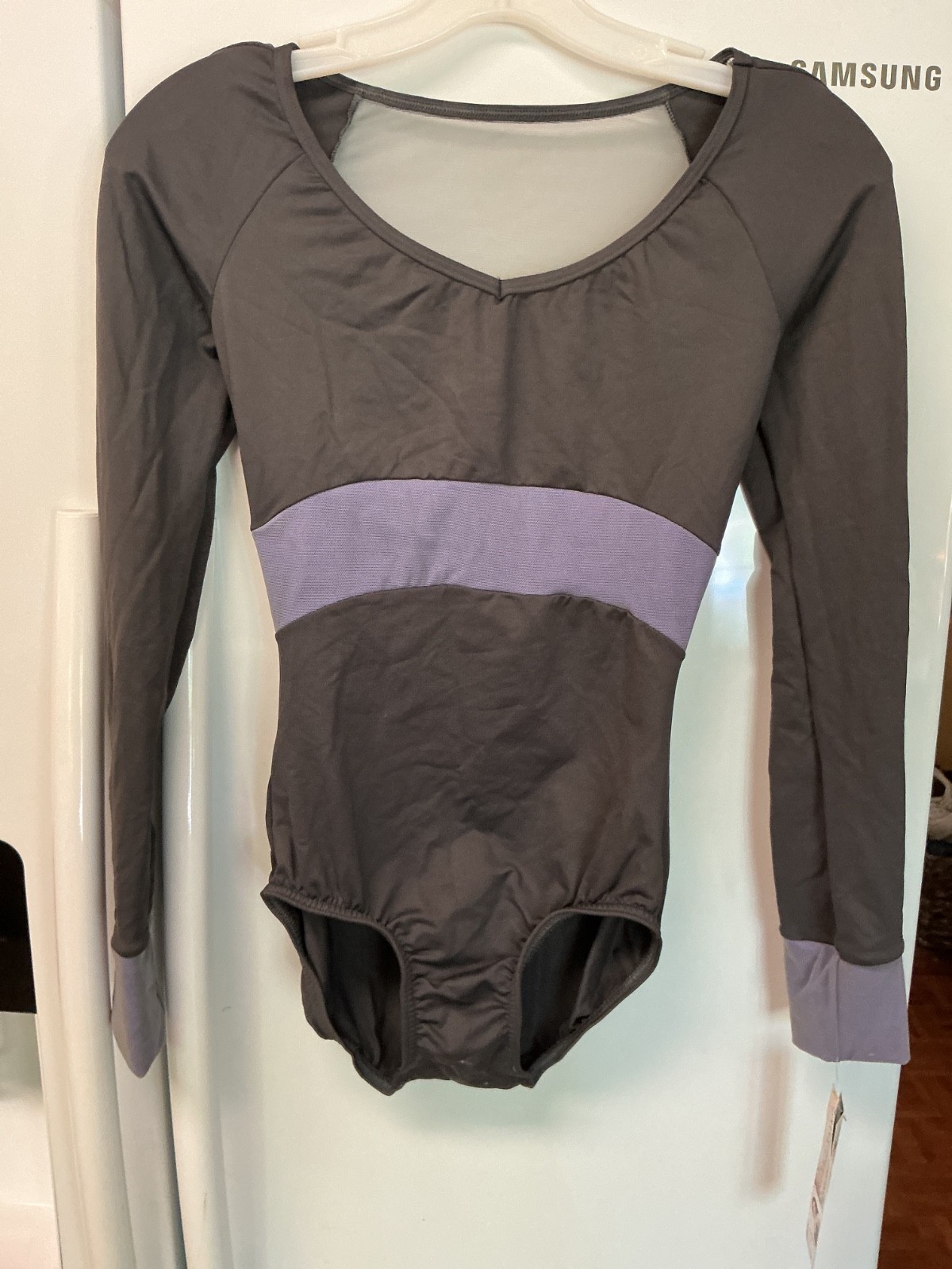 Gray/Purple Long Sleeve Leotard Mesh Back BODY WRAPPERS Medium Adult, NWT