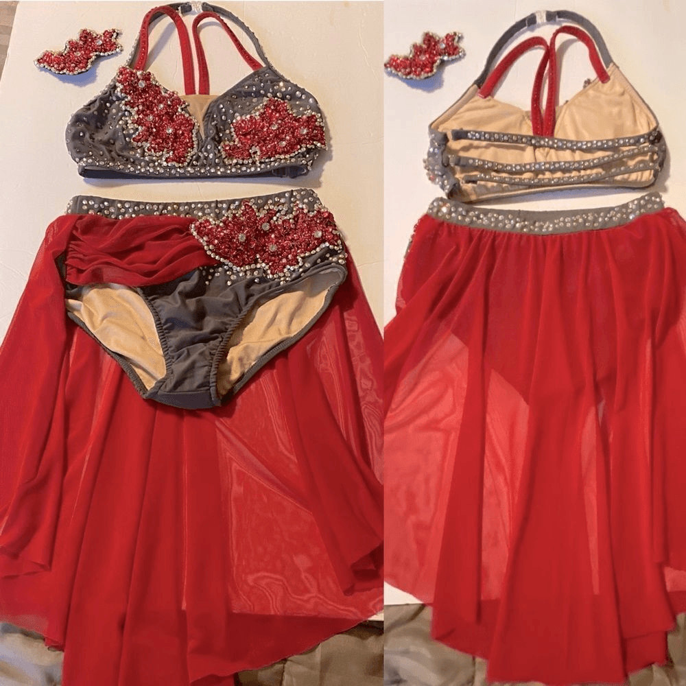 Glamour solo 2 piece dance costume red gray lyrical embellished bling XLC child