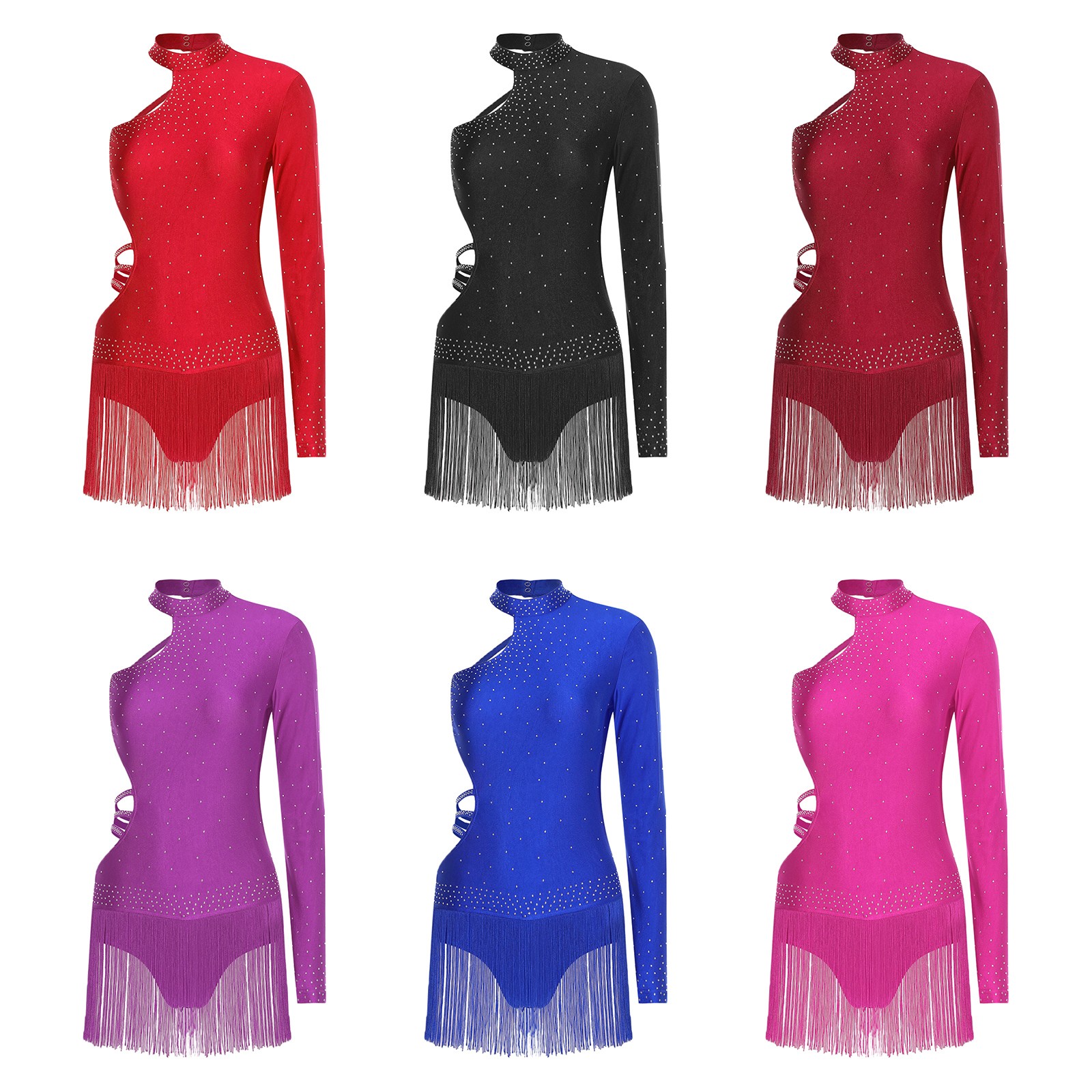 Womens Latin Dance Glitter Bodysuit Long Sleeve Tassel Leotard Jumpsuit Proms