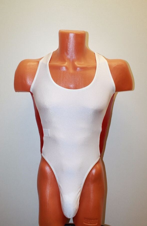 Men Thong Leotard 152-14 White and Red Spandex Size M