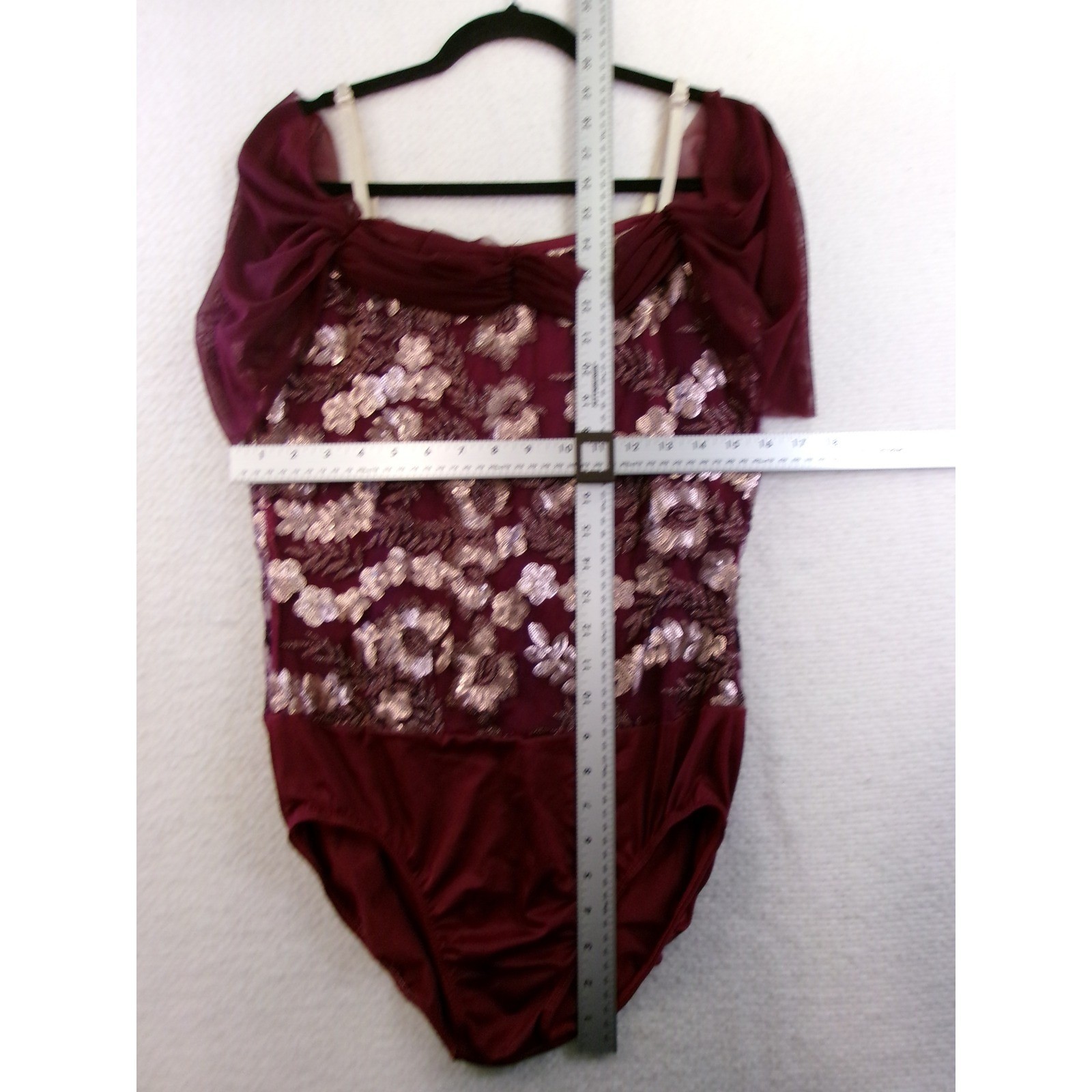 Dansco Fina Leotard Women Large Burgundy Sequin Floral Off Shoulder