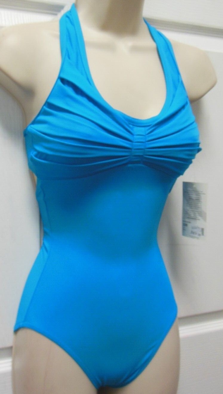 CAPEZIO PLEATED SYNERGY pinchfront HALTER DANCE LEOTARD Adult Ocean 10190