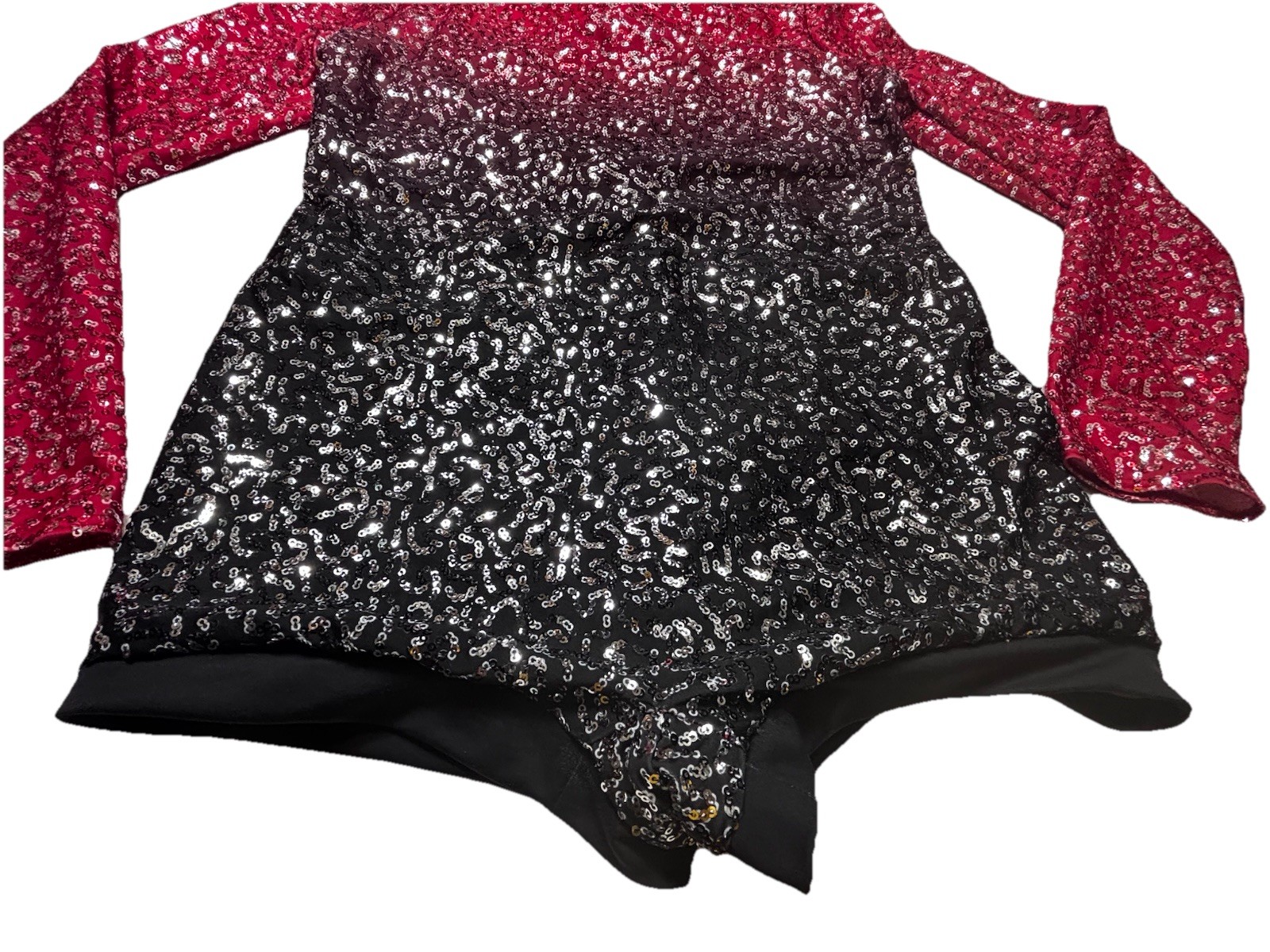 Weissman Sequin Performance Leotard Ombre Red Black Open Back Long Sleeve XLC