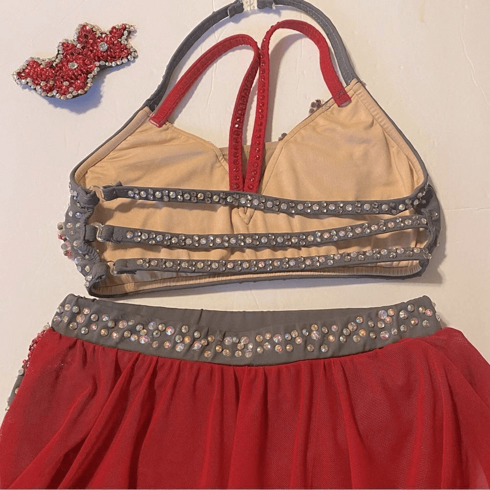 Glamour solo 2 piece dance costume red gray lyrical embellished bling XLC child