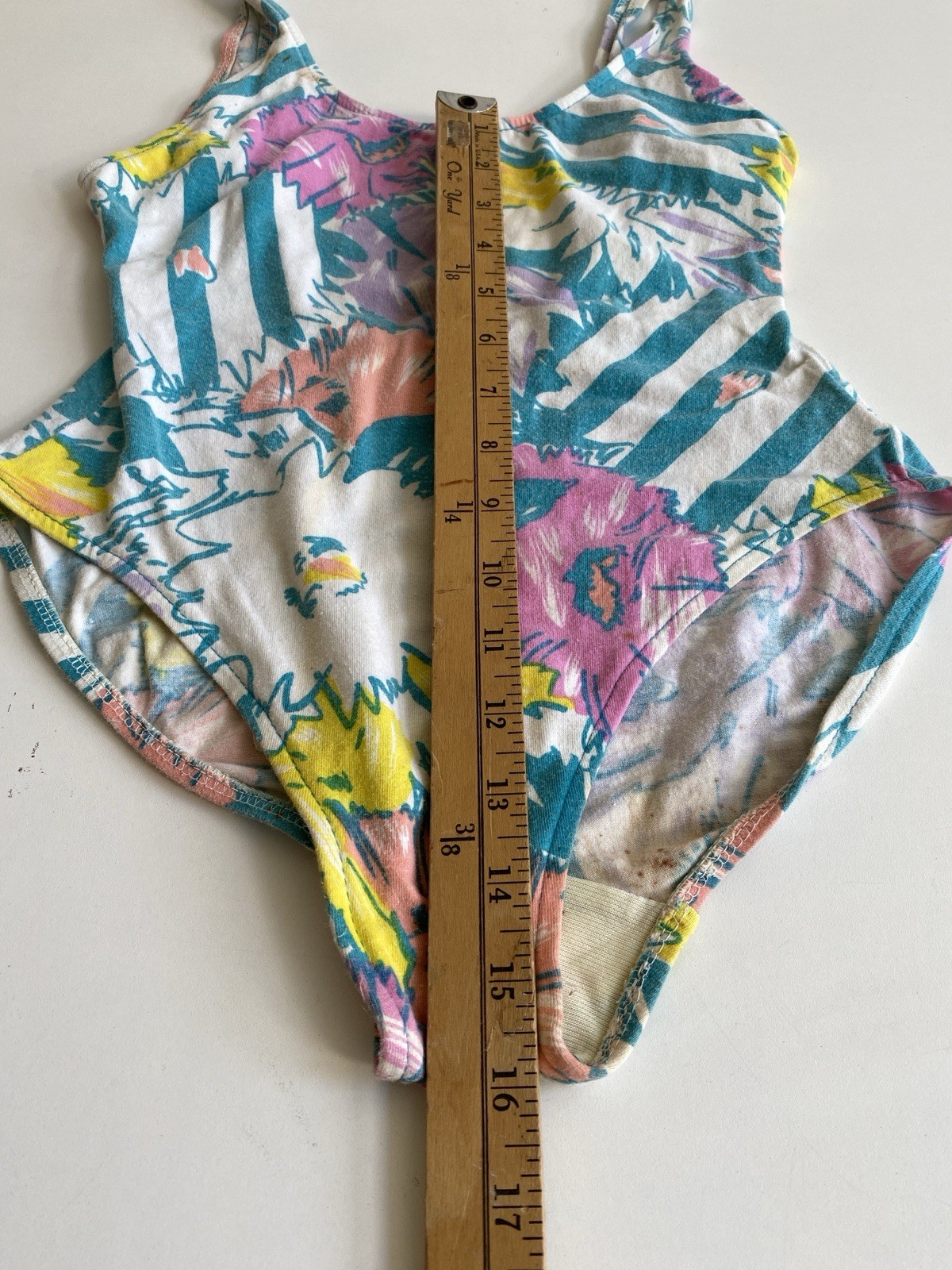 Vintage 80s S Sea Weed California Leotard Floral Stripes Cotton Stretch