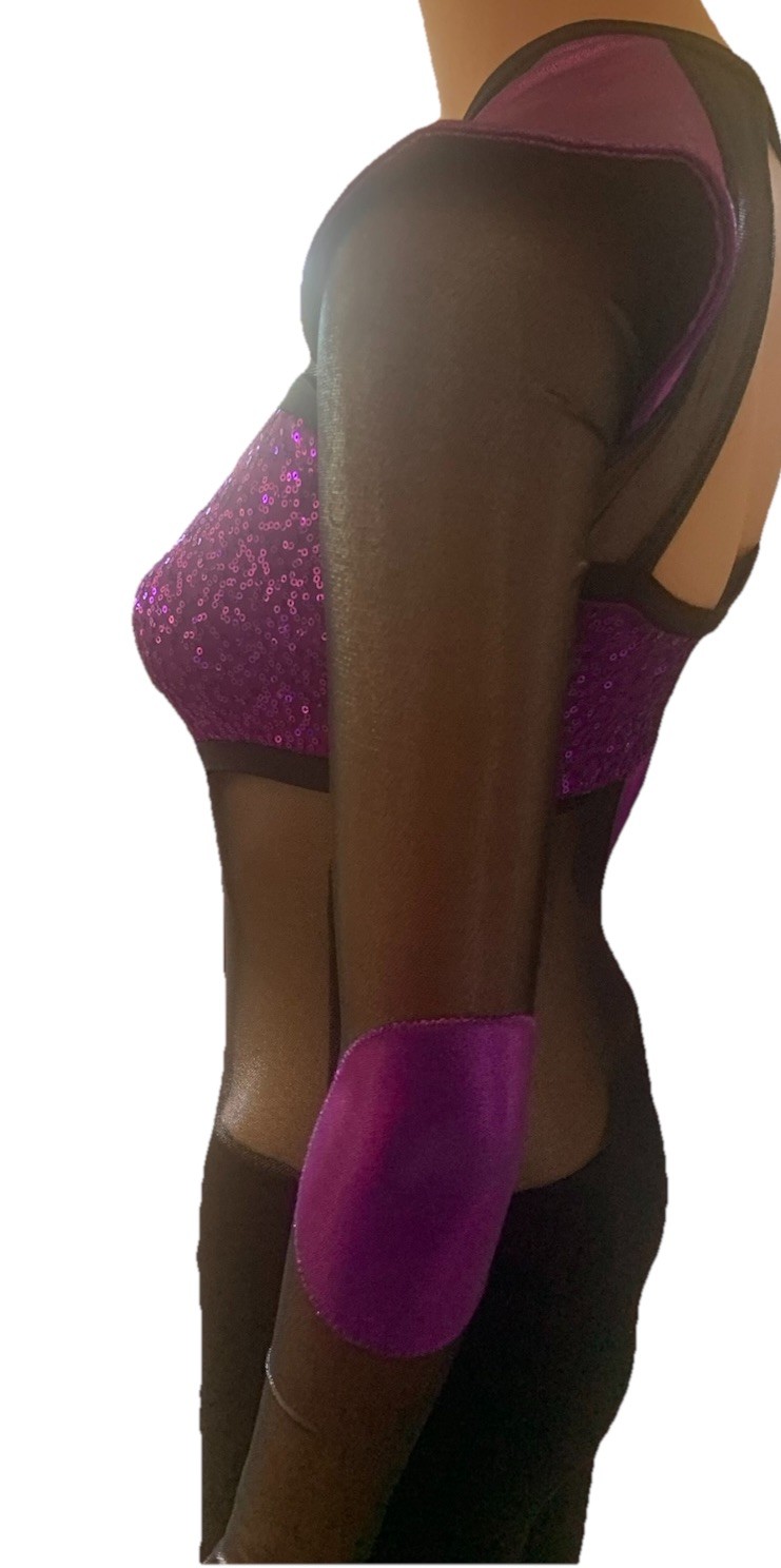 Small contemporary, solo, unitard, The Lineup Purple/black Mesh Sleeves Sides