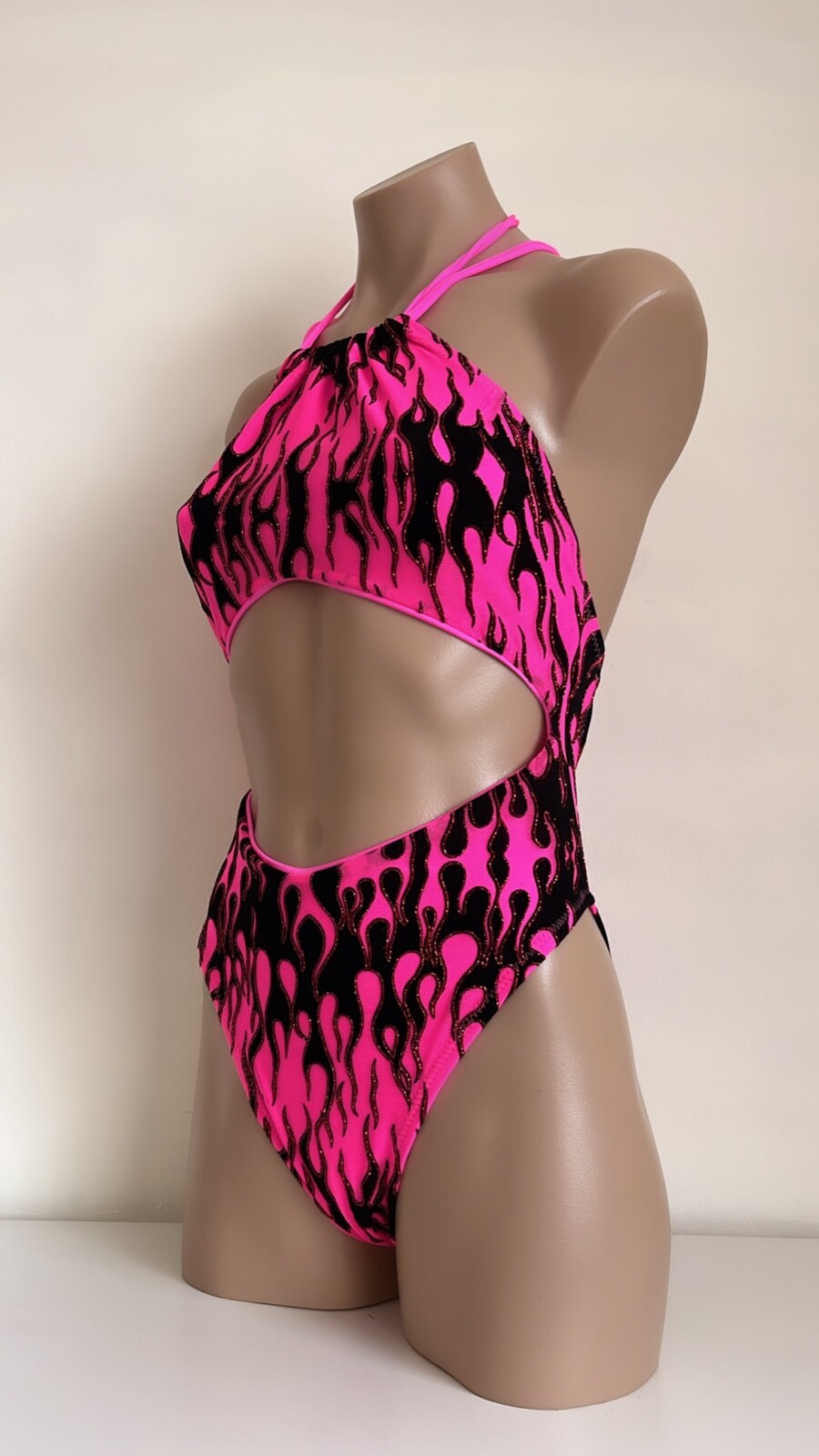 Schminke 🔥 Flames fire Monokini pole dance wear mesh UV neon luminous bodysuit