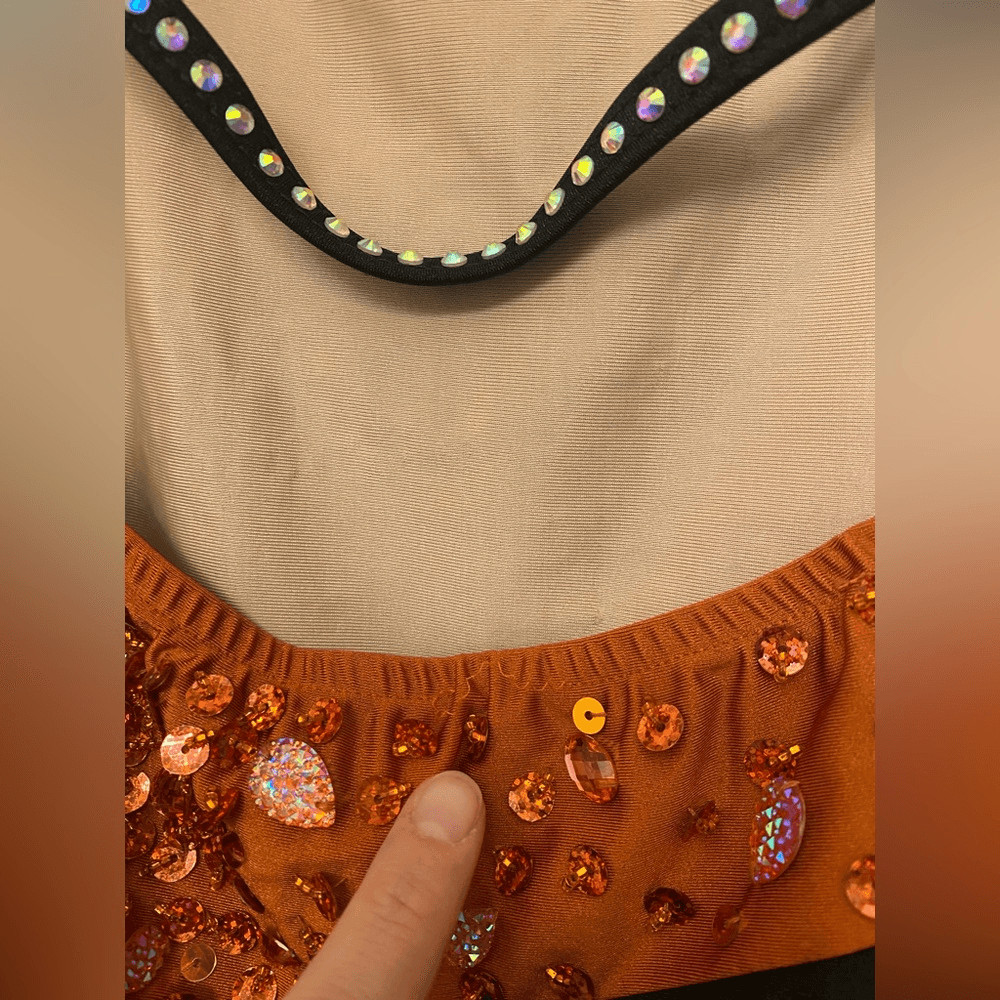 Glamour solo dance costume orange black one sleeve rhinestones MA medium adult