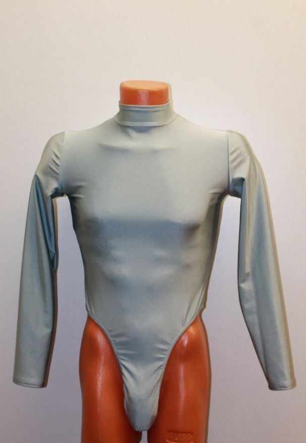 Men Thong Leotard 159-93 Long Sleeve High Collar Zipper Back Gray Spandex Size L