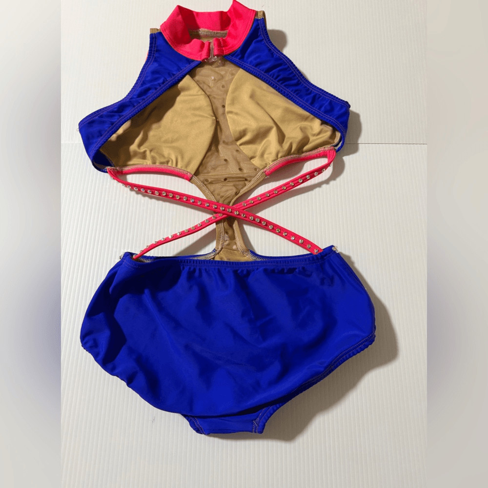 AA Dance Design Solo Dance Costume Neon Pink Blue Rhinestone Illusion Jazz XSA