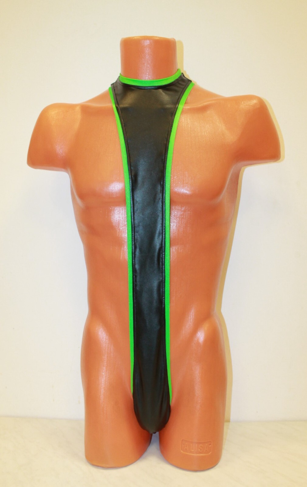 Men Thong Open Leotard 154-29 Black Spandex Leather-like Green Edging One Size