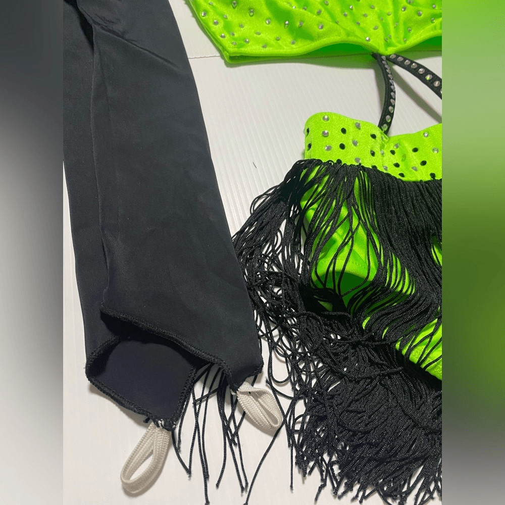 Glamour solo dance costume leotard neon green embellished rhinestoned SA adult