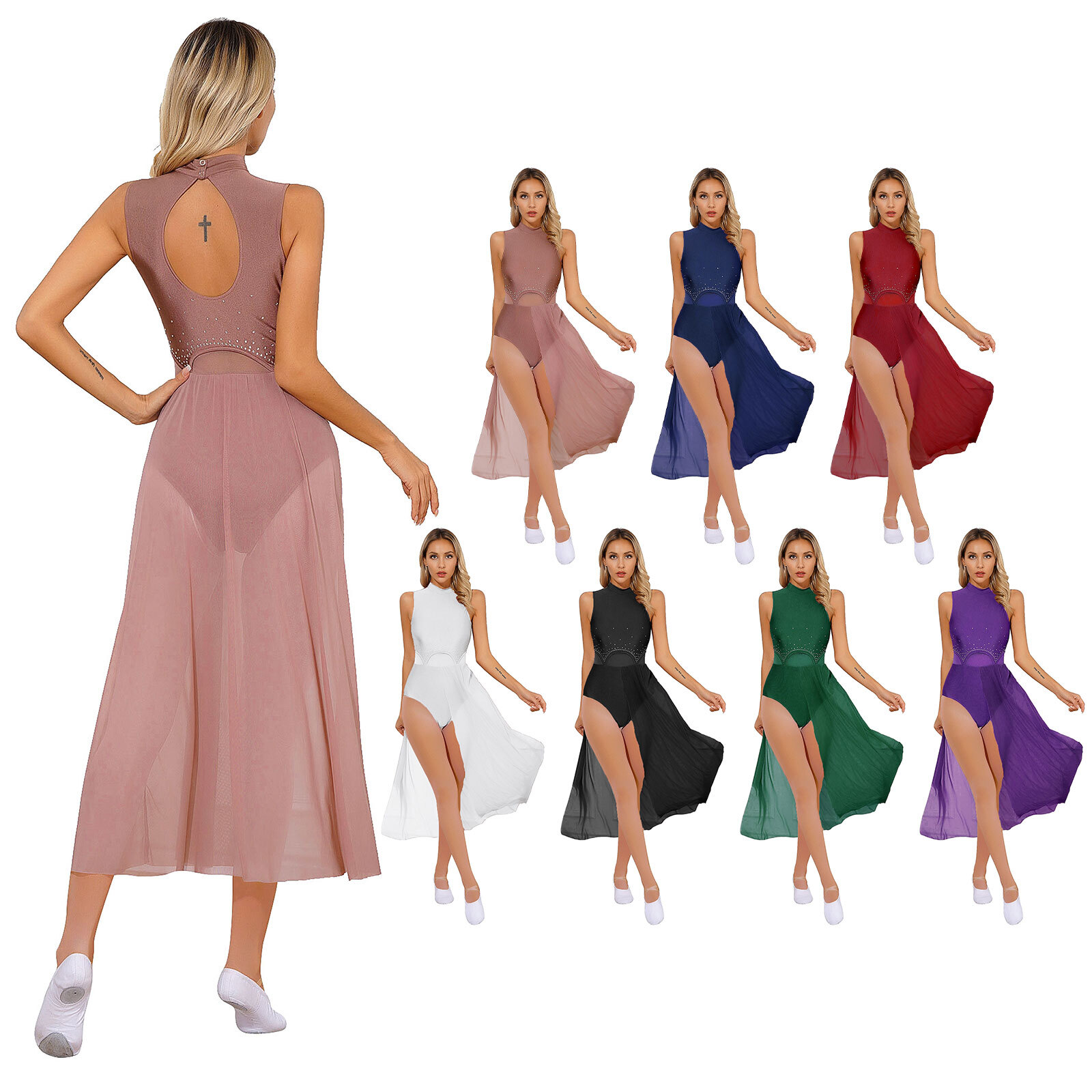 US Womens Leotard Patchwork Rhinestone Sleeveless Dress Party Dancewear Chiffon