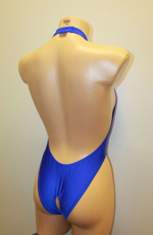 Women Thong Leotard 203-56 Open Back Hole Crotch Royal Blue Spandex Size S